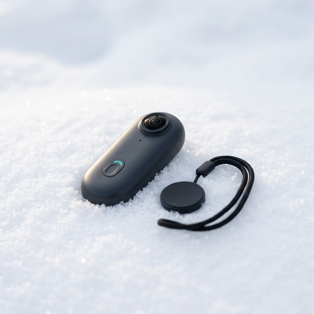 Alpyn clip camera with its magnetic plate and lanyard on fresh snow