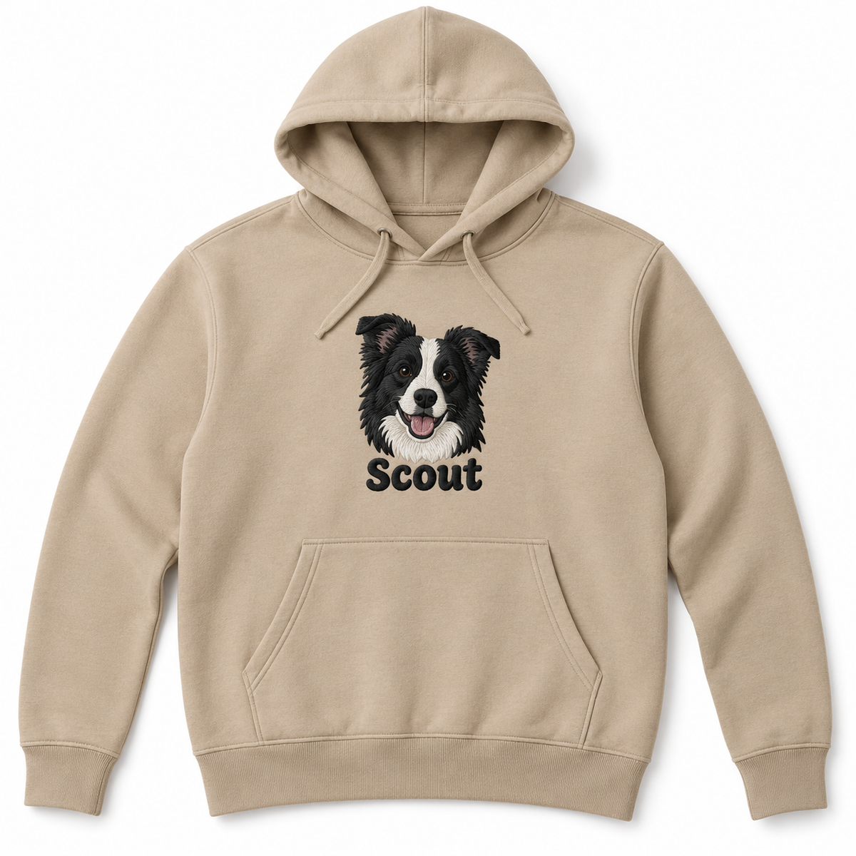 Desert Dust hoodie with a large embroidered border collie portrait named Scout