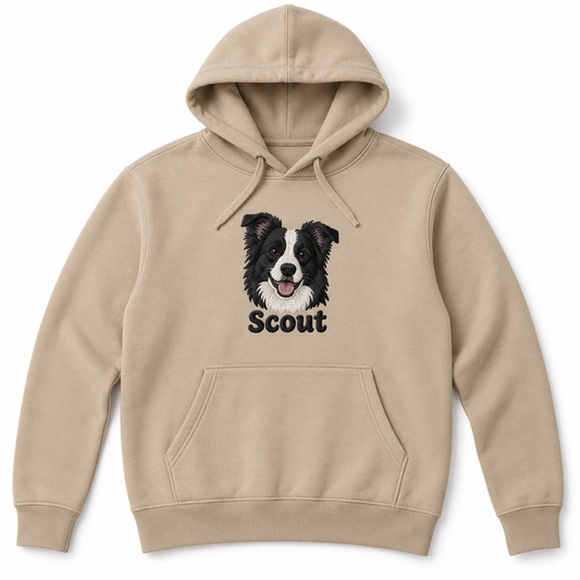 Desert Dust hoodie with a large embroidered border collie portrait named Scout