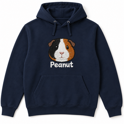 French Navy hoodie with a large embroidered guinea pig portrait named Peanut
