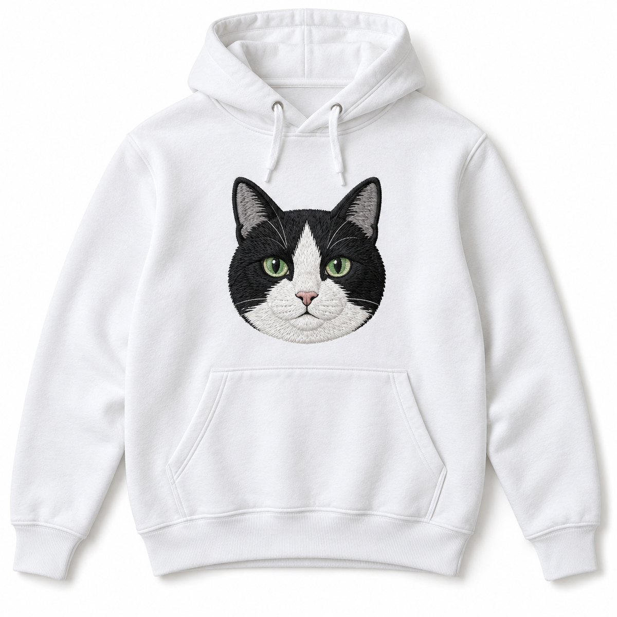 White hoodie with a large embroidered black and white cat portrait