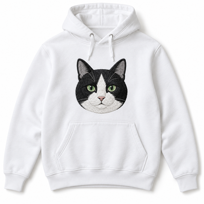 White hoodie with a large embroidered black and white cat portrait